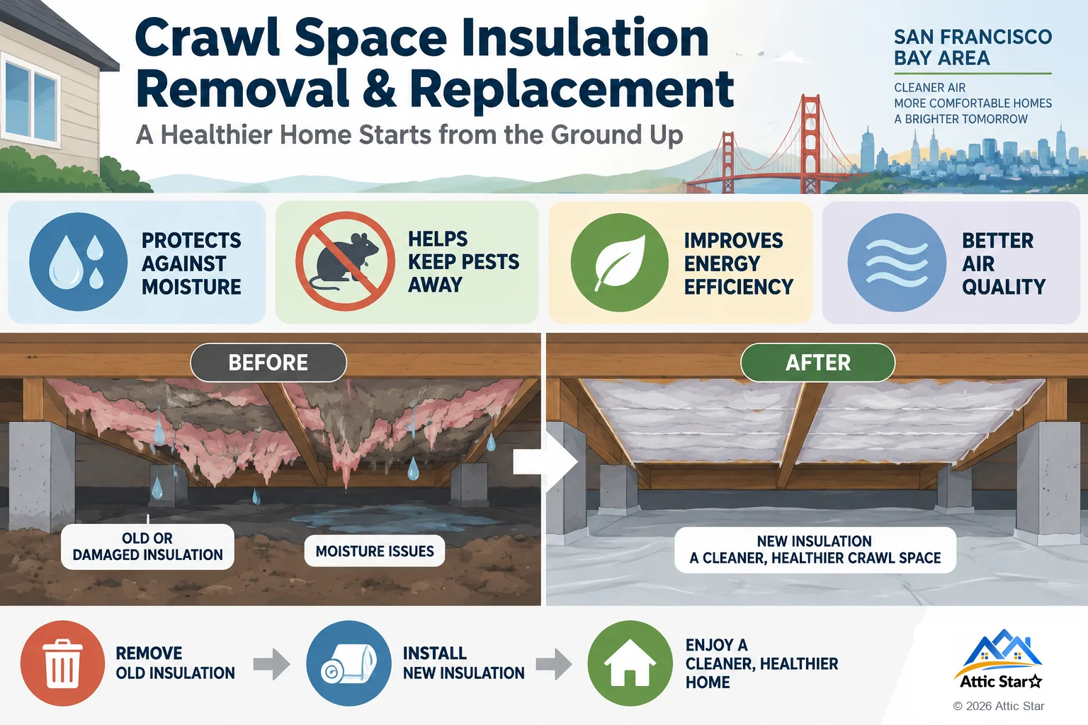 Before and after crawl space insulation replacement: old, damaged insulation sagging between the floor joists with moisture problems below, next to new insulation in a clean, dry crawl space. Benefits include protection against moisture, help keeping pests away, improved energy efficiency, and better air quality.