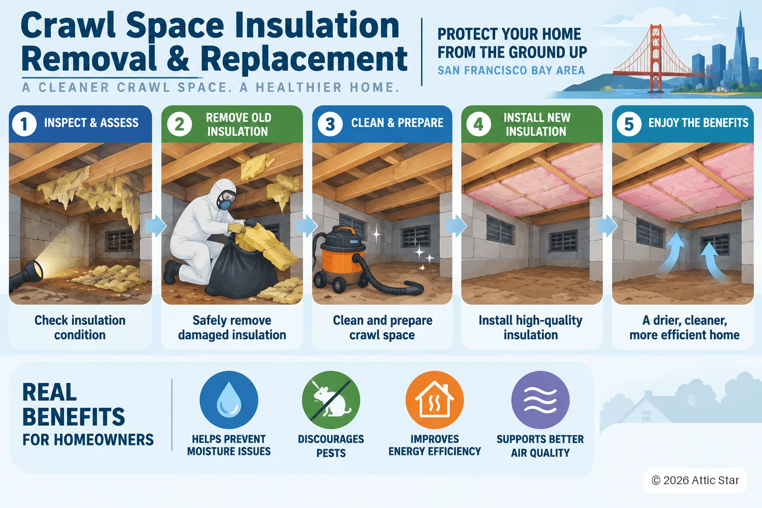 Five-step crawl space insulation process: inspect and assess the insulation's condition, safely remove damaged insulation, clean and prepare the crawl space, install high-quality insulation, and enjoy a drier, cleaner, more efficient home.