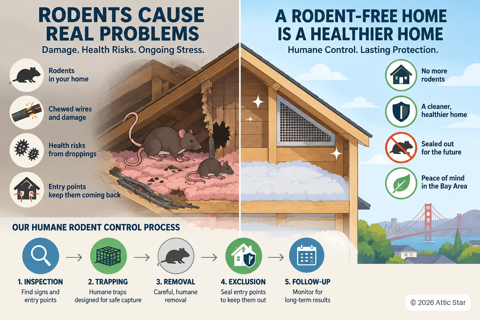 The problem: rodents in the attic causing chewed wires and damage, health risks from droppings, and entry points that keep them coming back. The result: a rodent-free, cleaner home, sealed out for the future. Attic Star's humane rodent control process runs inspection, trapping, removal, exclusion, and follow-up monitoring.