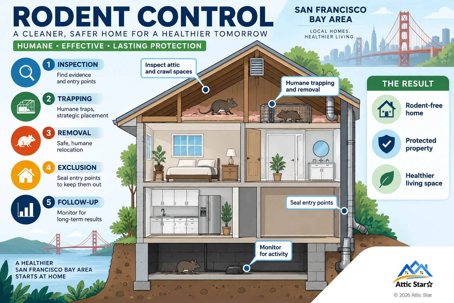 Cutaway of a home showing humane rodent control: inspect the attic and crawl spaces, set humane traps, remove rodents safely, seal entry points to keep them out, and monitor for activity. The result is a rodent-free home, protected property, and a healthier living space.