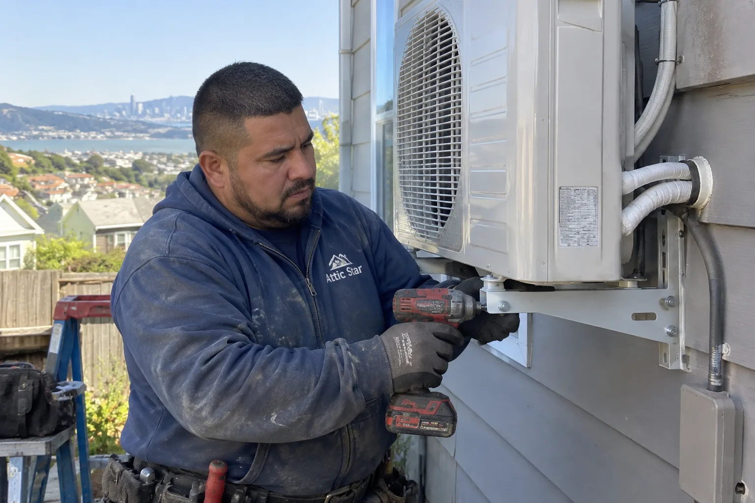 Technician uses an impact driver to mount a ductless mini-split outdoor unit on wall brackets beside a hillside home.