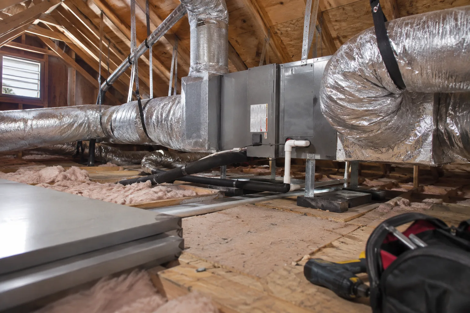 Attic air handler for a central air conditioning system, connected to insulated supply ducts and a condensate drain line.