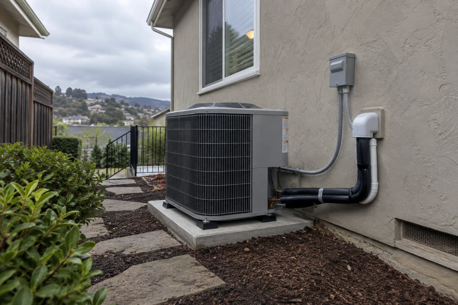 Completed central air conditioning condenser on a concrete pad beside a stucco home, with a sealed line set and electrical disconnect.