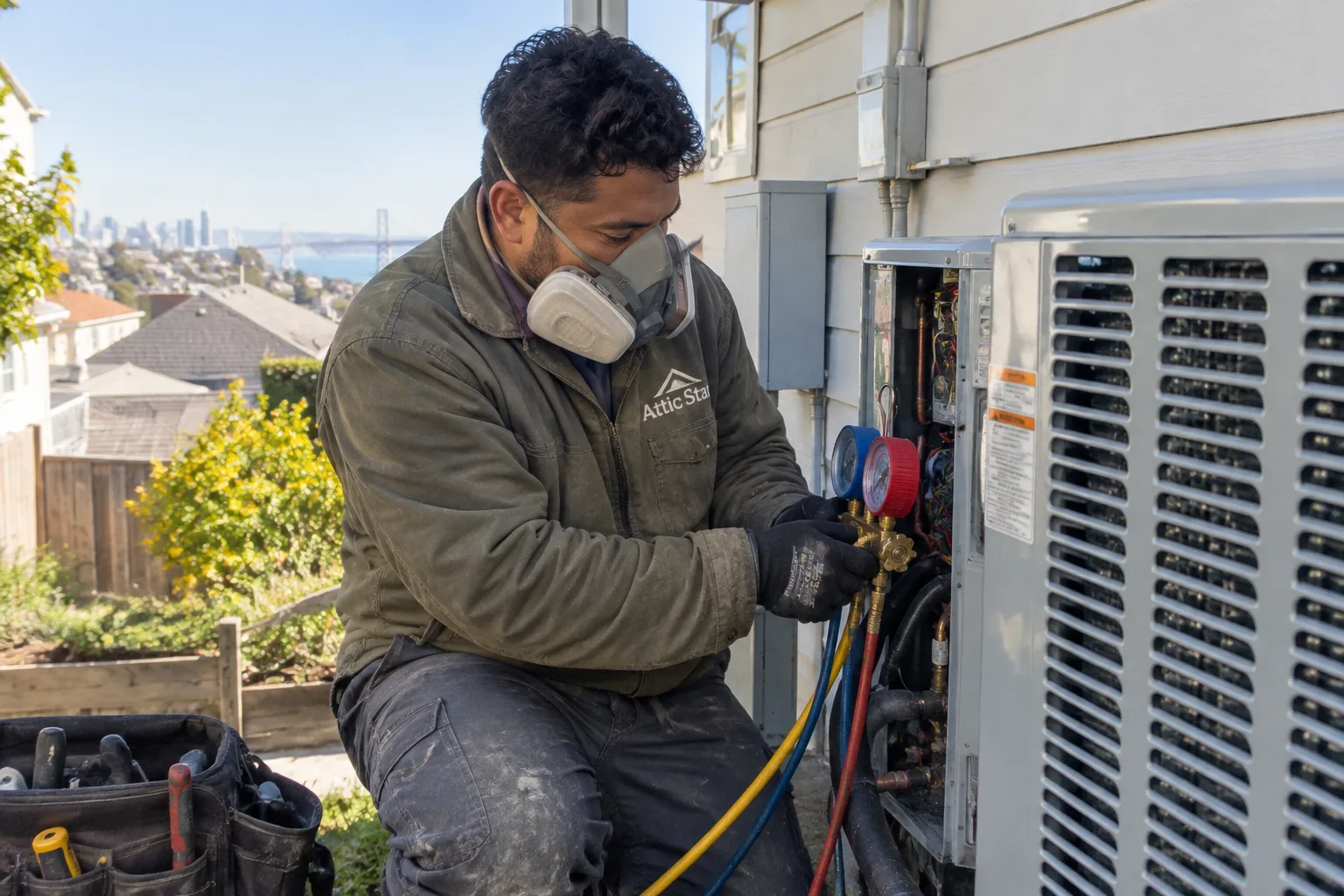 Technician wearing a respirator connects refrigerant gauges to a new outdoor AC condenser to check the system charge.