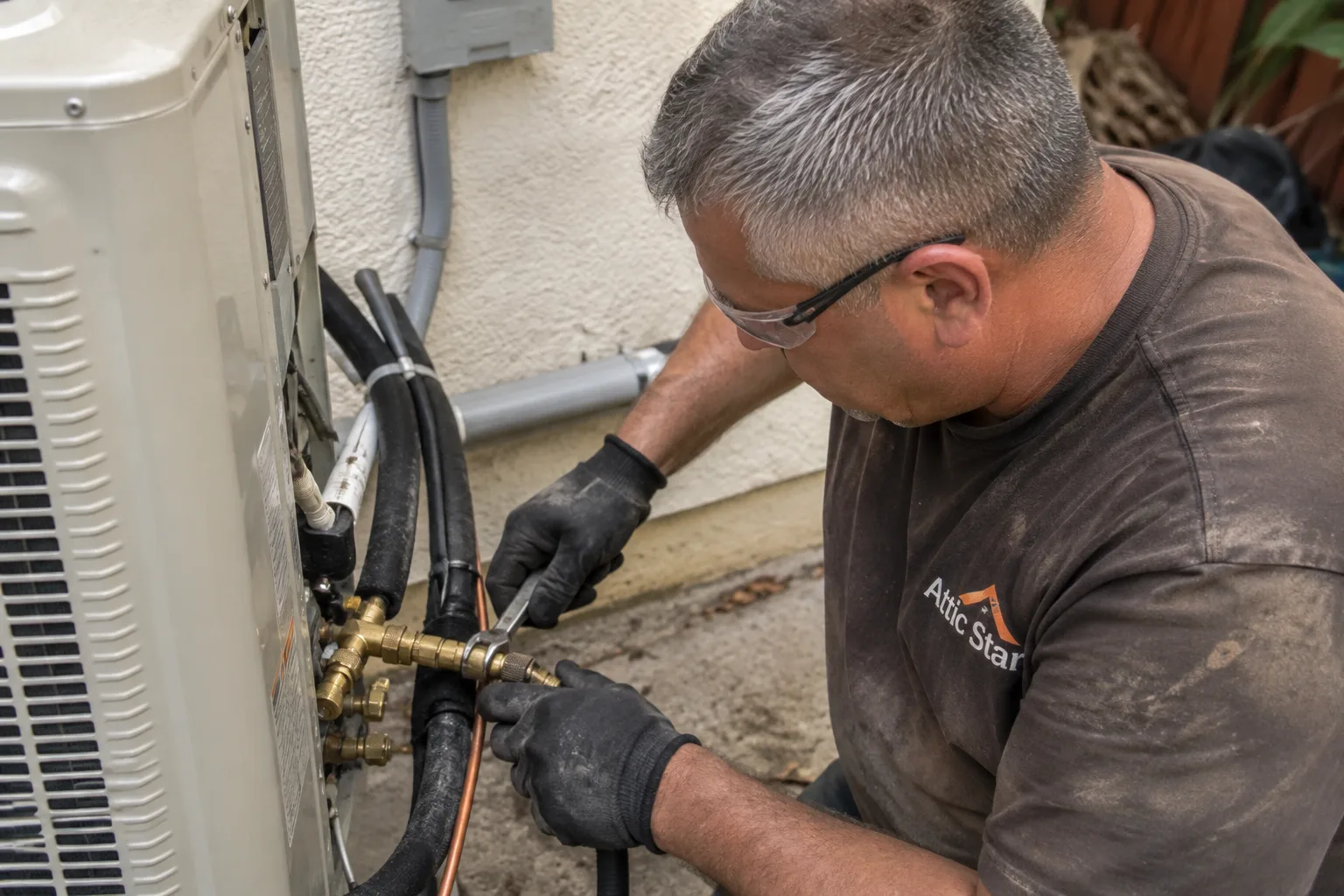 Technician connects the copper refrigerant lines at the service valves of a new outdoor air conditioning unit.