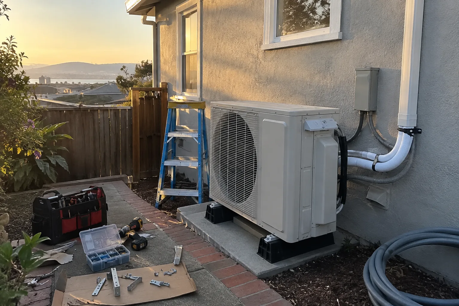 Ductless mini-split outdoor unit set on a pad against a stucco wall, with tools and mounting hardware laid out nearby.
