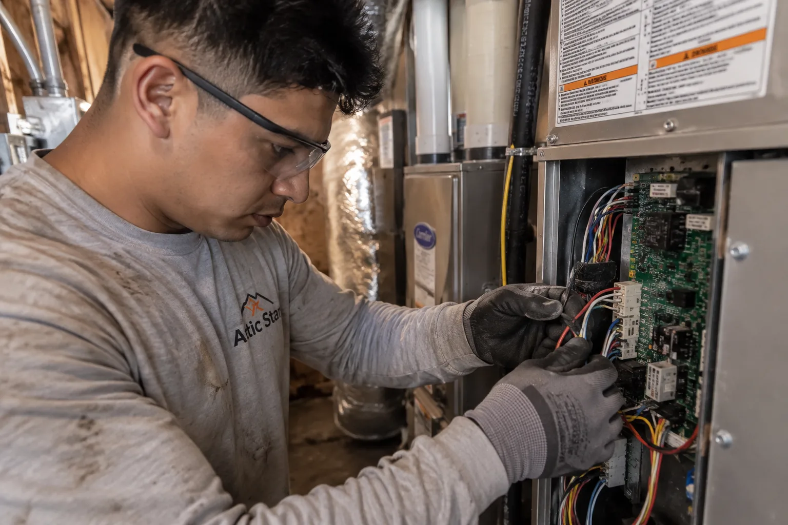 Technician wires the control board of an indoor air handler while connecting a new central air conditioning system.
