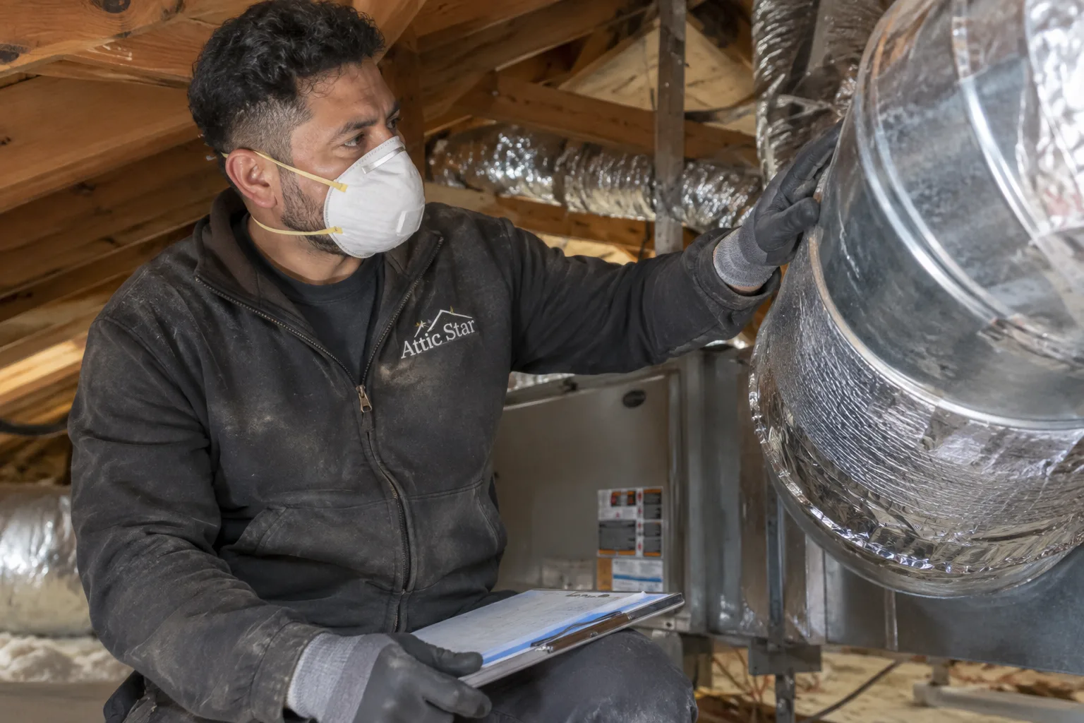 A technician inspects and prepares air ductwork in a modest living room, wearing gloves and a dust mask amid visible duct sections and tools.