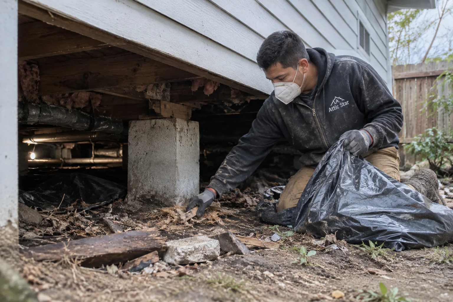 A technician wearing a dust-marked Attic Star jacket is inspecting and sealing a crawl space in a typical San Francisco Bay Area home, ensuring removal of mold and pests.