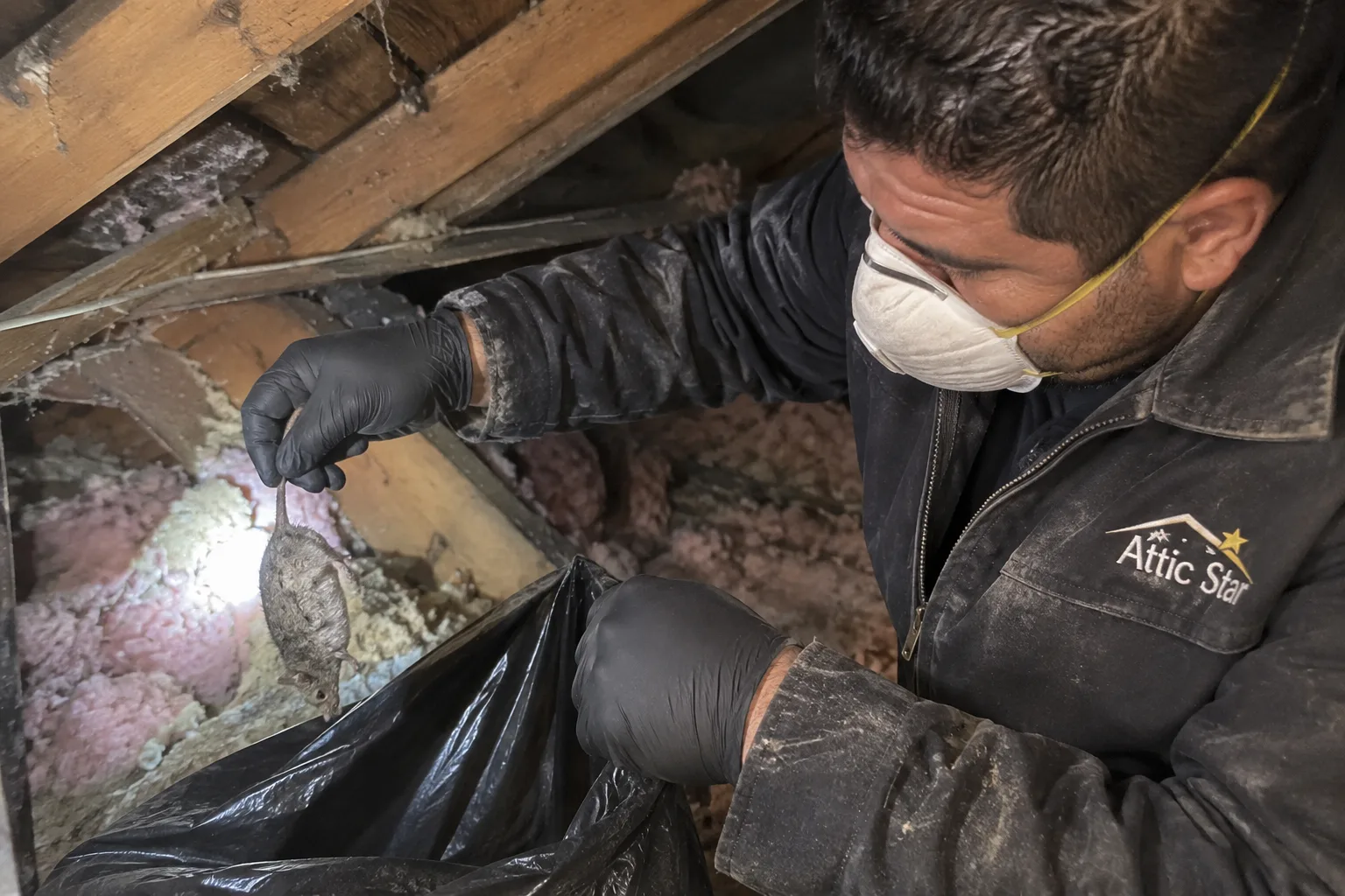 A technician wearing a dust-stained Attic Star shirt and gloves is inspecting a soffit vent and sealing rodent entry points on a typical San Francisco bungalow.