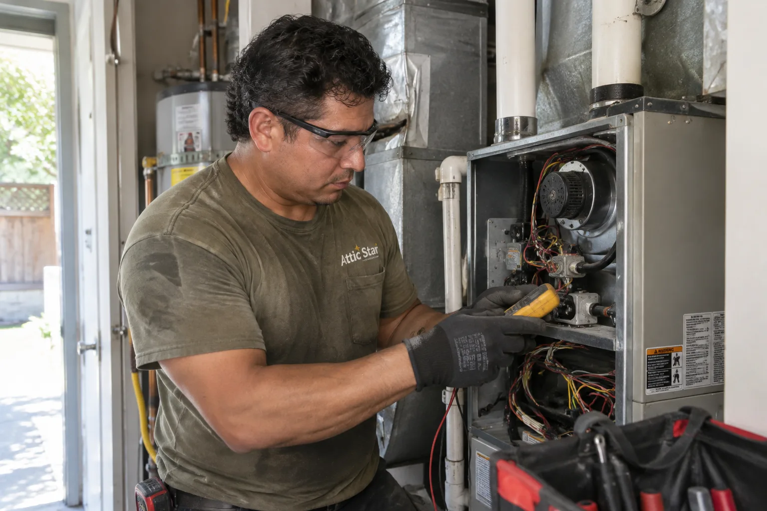 Technician tests furnace wiring with a clamp meter while diagnosing a residential gas furnace in a garage.