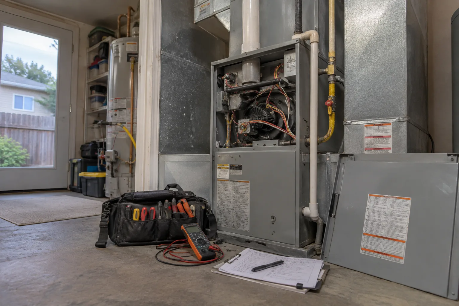 Gas furnace with its access panel removed, a multimeter, tool bag and checklist laid out on the floor for diagnosis.