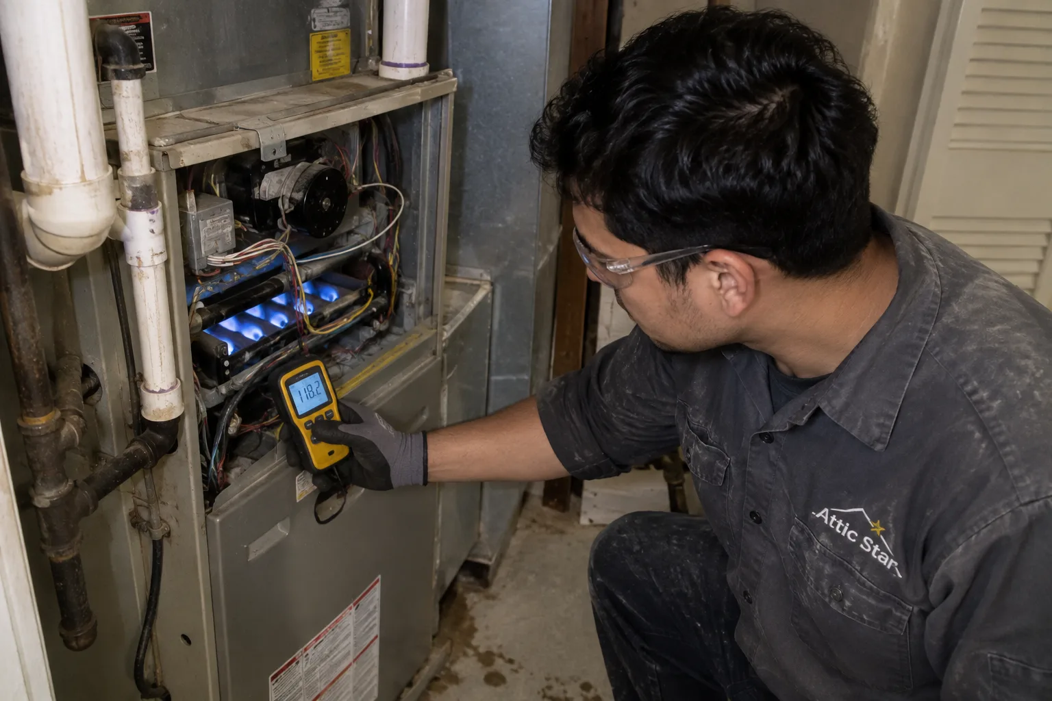 Technician takes readings with a digital meter on a running furnace with its burners lit to confirm safe, steady operation.