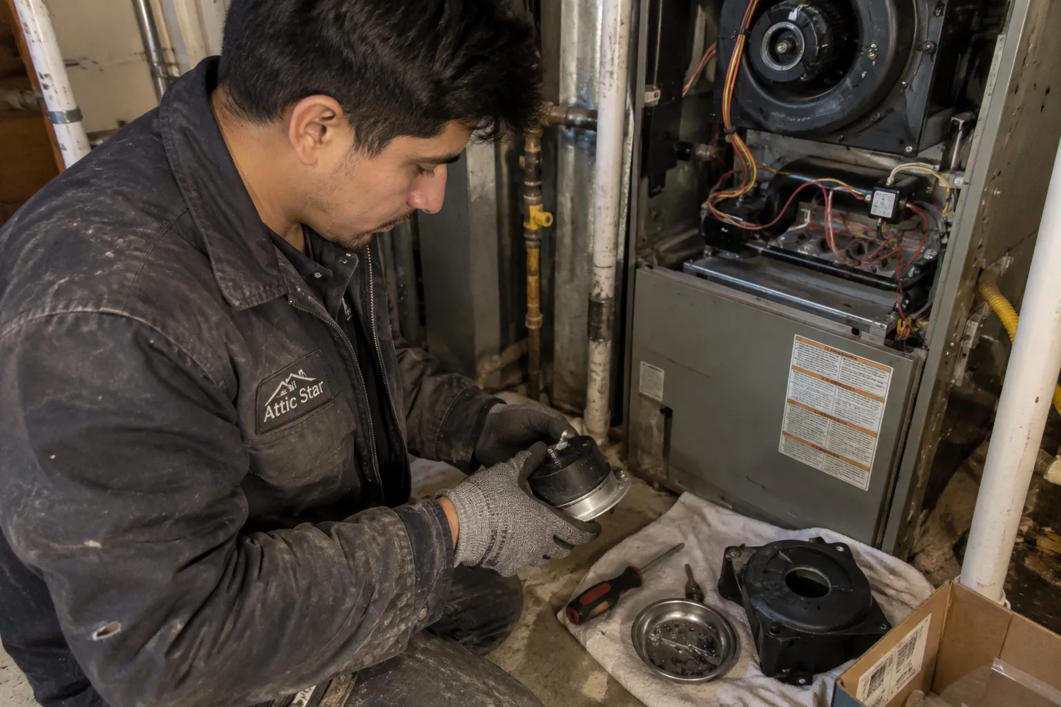 Technician inspects a blower component removed from a garage furnace, with parts laid out on a drop cloth.