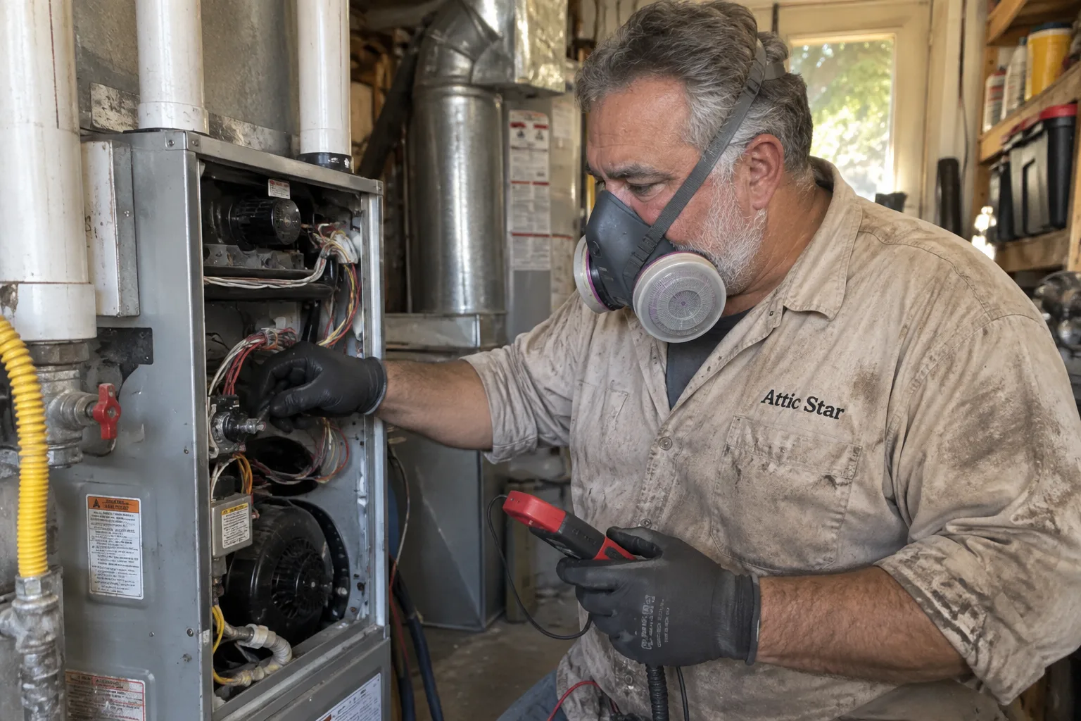 Technician wearing a respirator tests the furnace control board and blower wiring with a clamp meter.