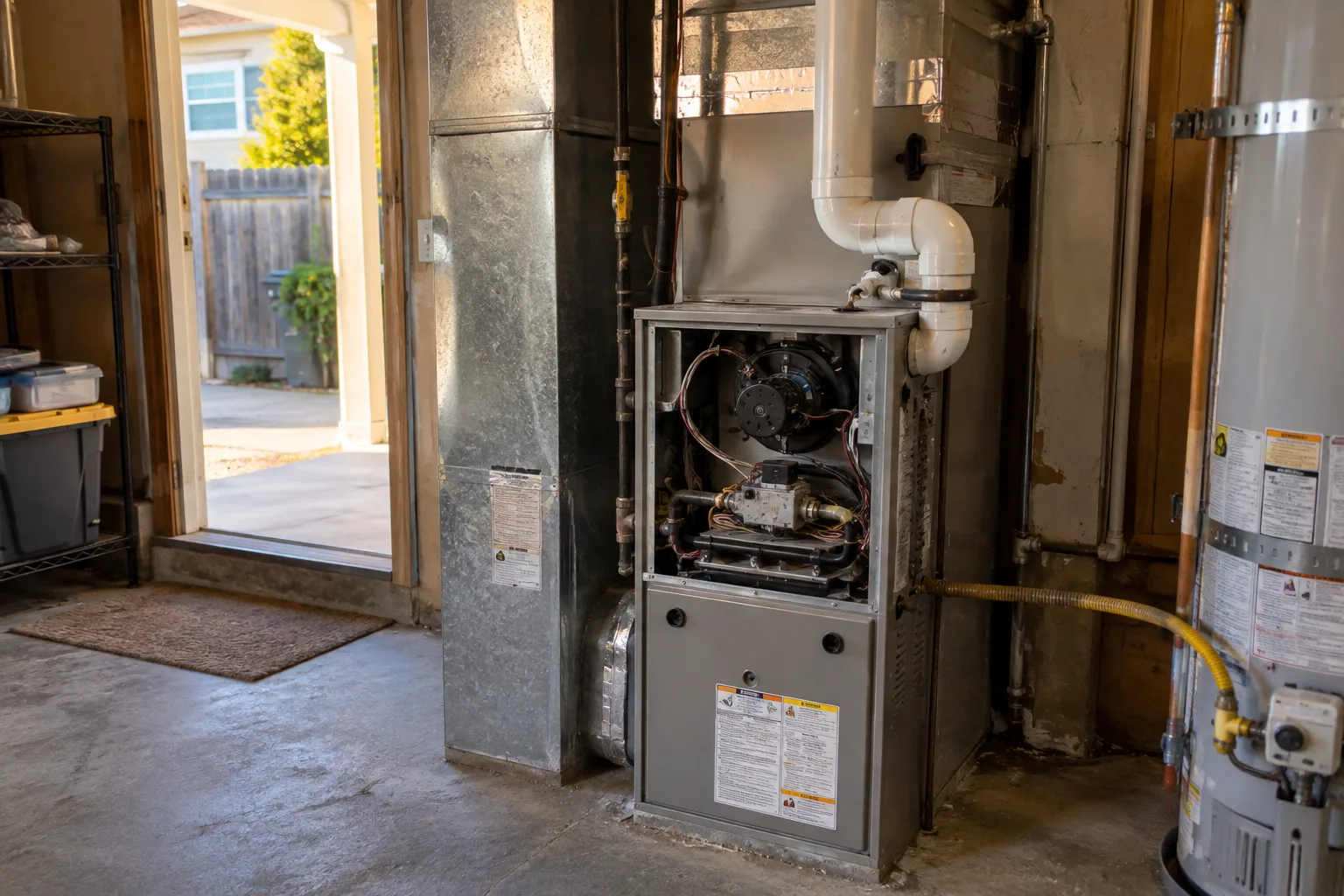 Utility-room furnace with its lower panel removed, exposing the blower and controls beside the water heater.