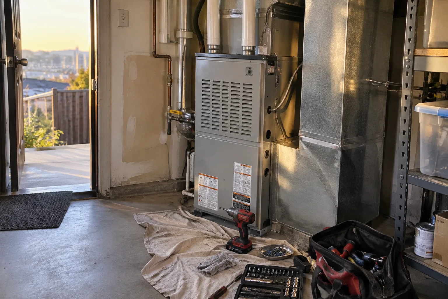 Furnace in a utility room with tools and replacement parts set out on a drop cloth before the repair begins.
