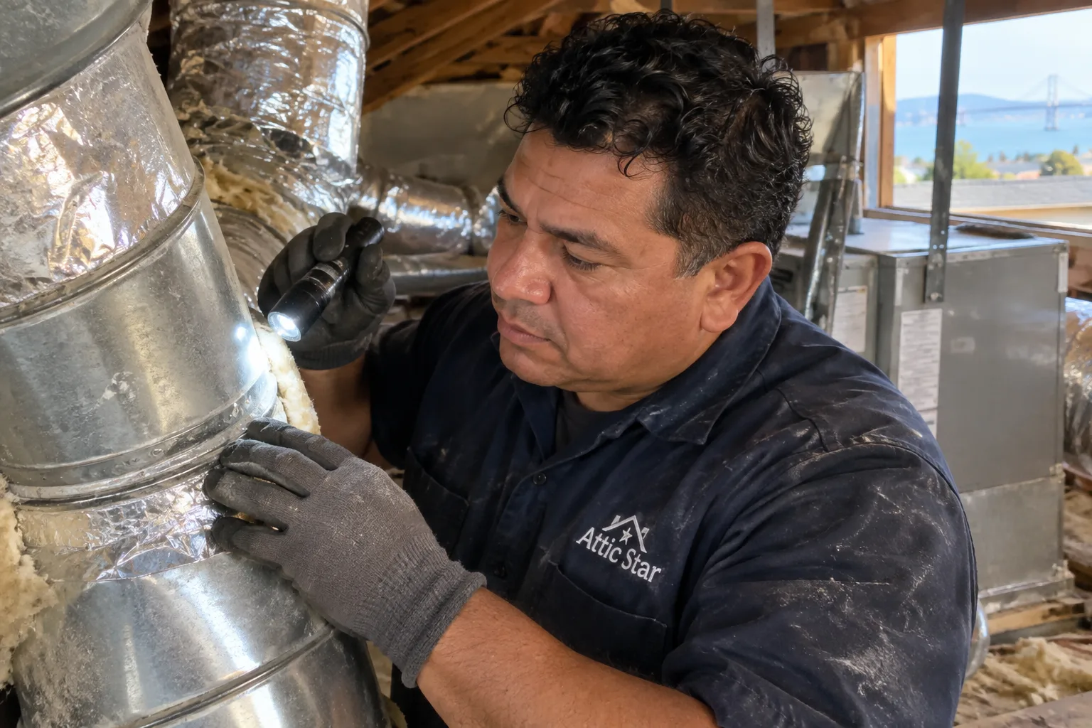 Technician checks a sealed sheet-metal duct joint with a flashlight while adjusting HVAC ductwork in a residential attic.