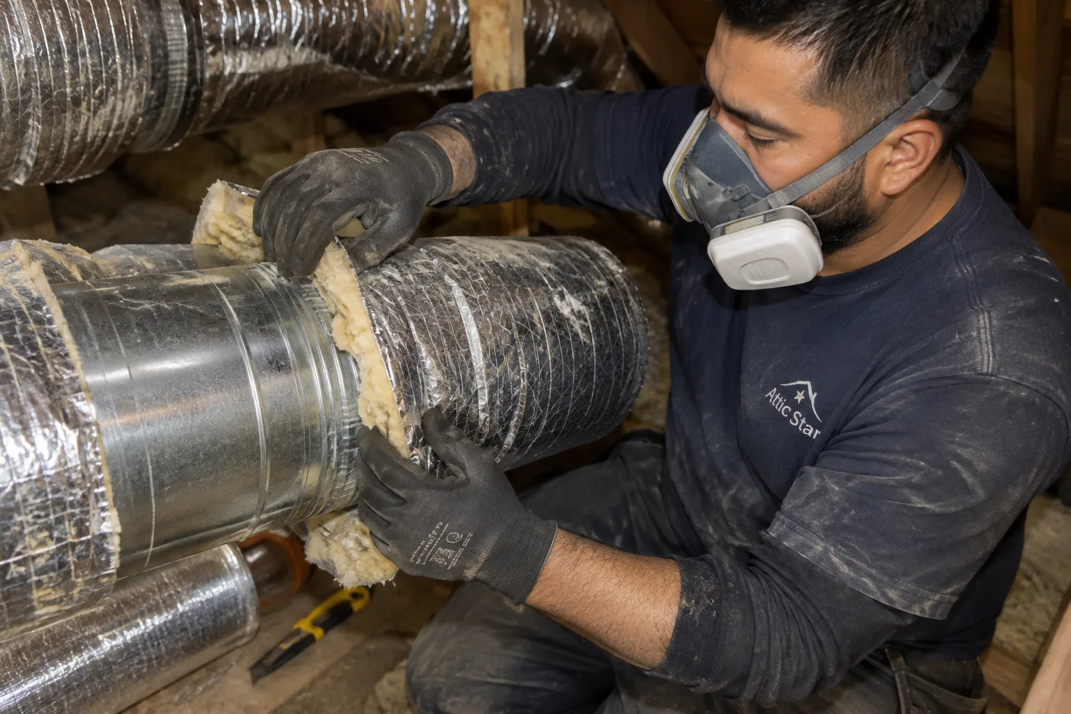 Technician fits insulated flexible duct onto a metal collar to correct a loose connection in an attic HVAC system.