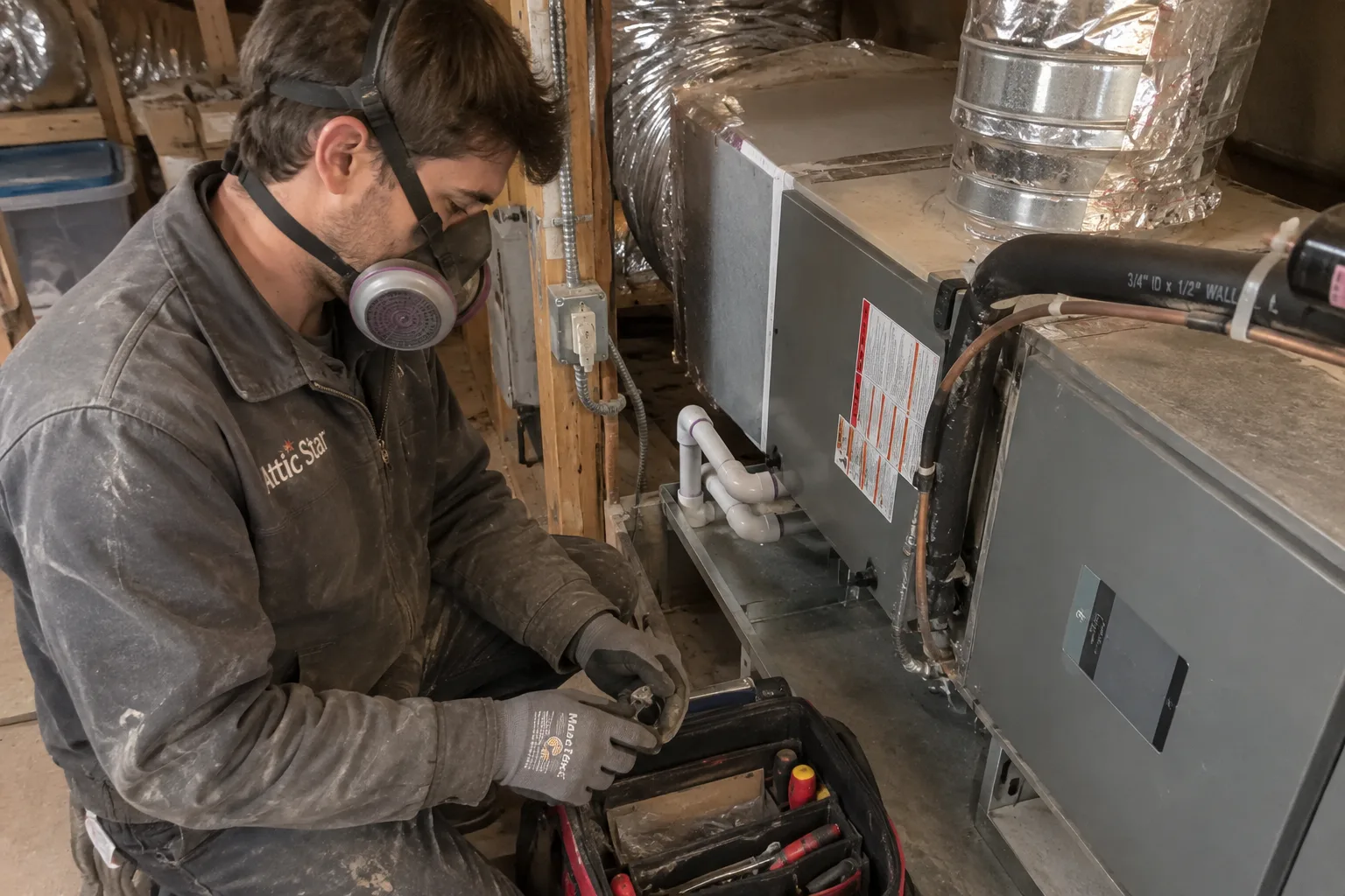 Technician wearing a respirator tests the electrical connections on an attic air handler during an HVAC system tune-up.