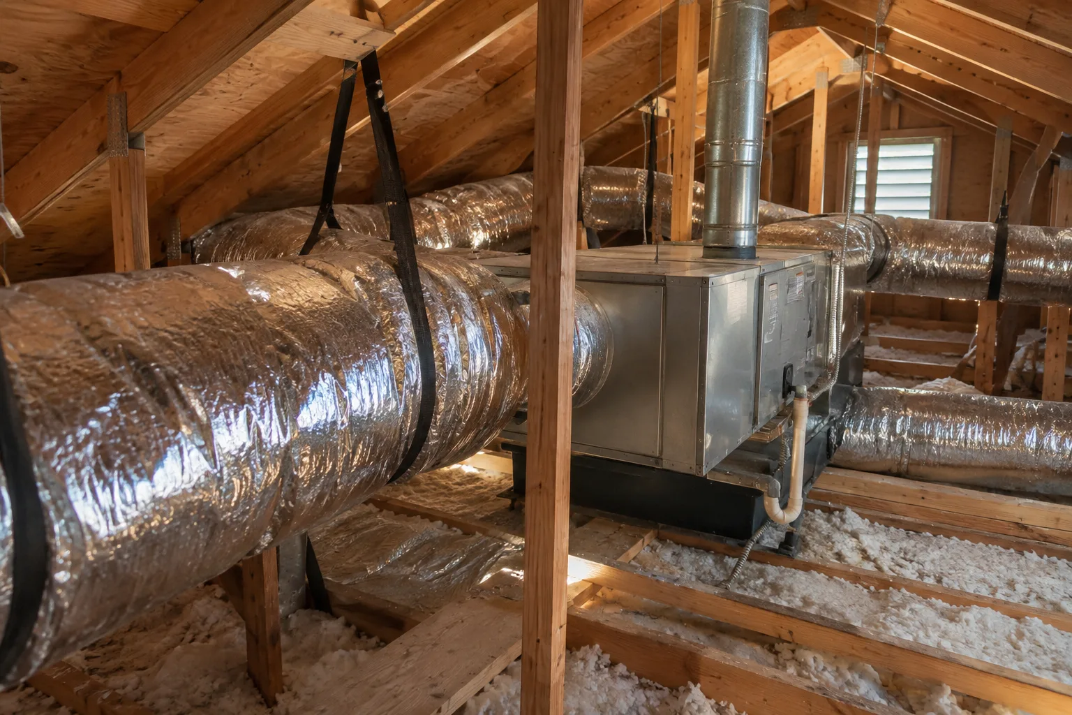 Attic HVAC unit with insulated flexible ducts strapped to the rafters above fresh loose-fill insulation.