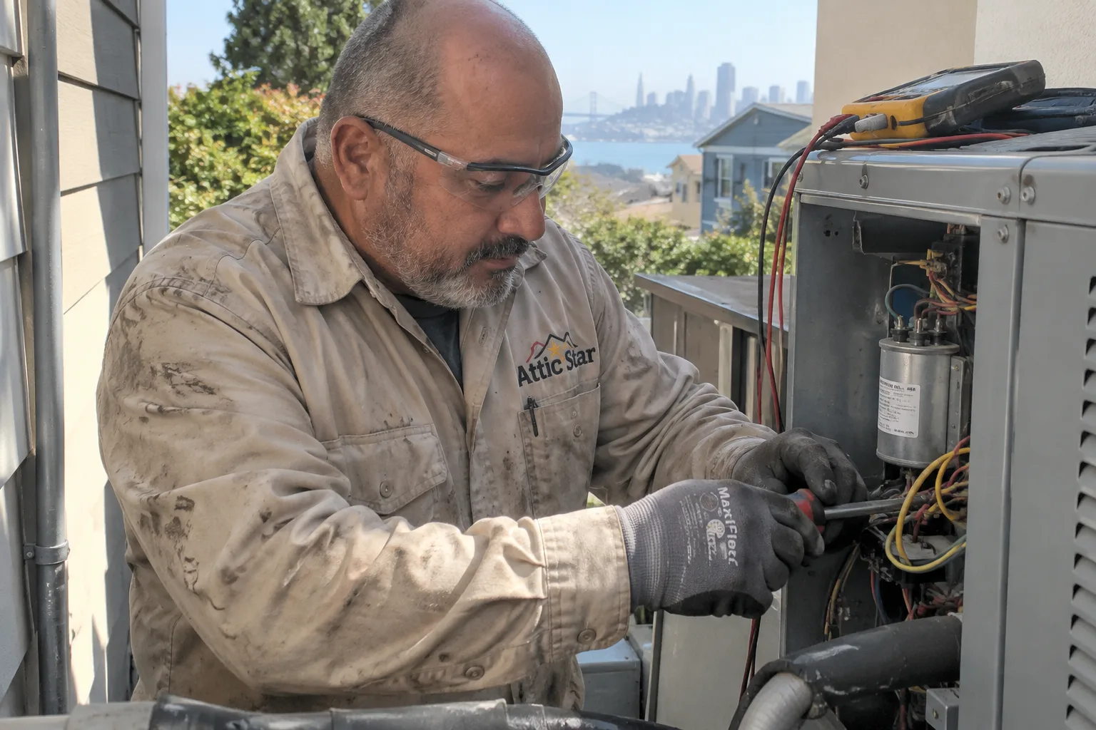 Technician checks the capacitor and wiring inside an outdoor condenser with a multimeter during an HVAC system check.