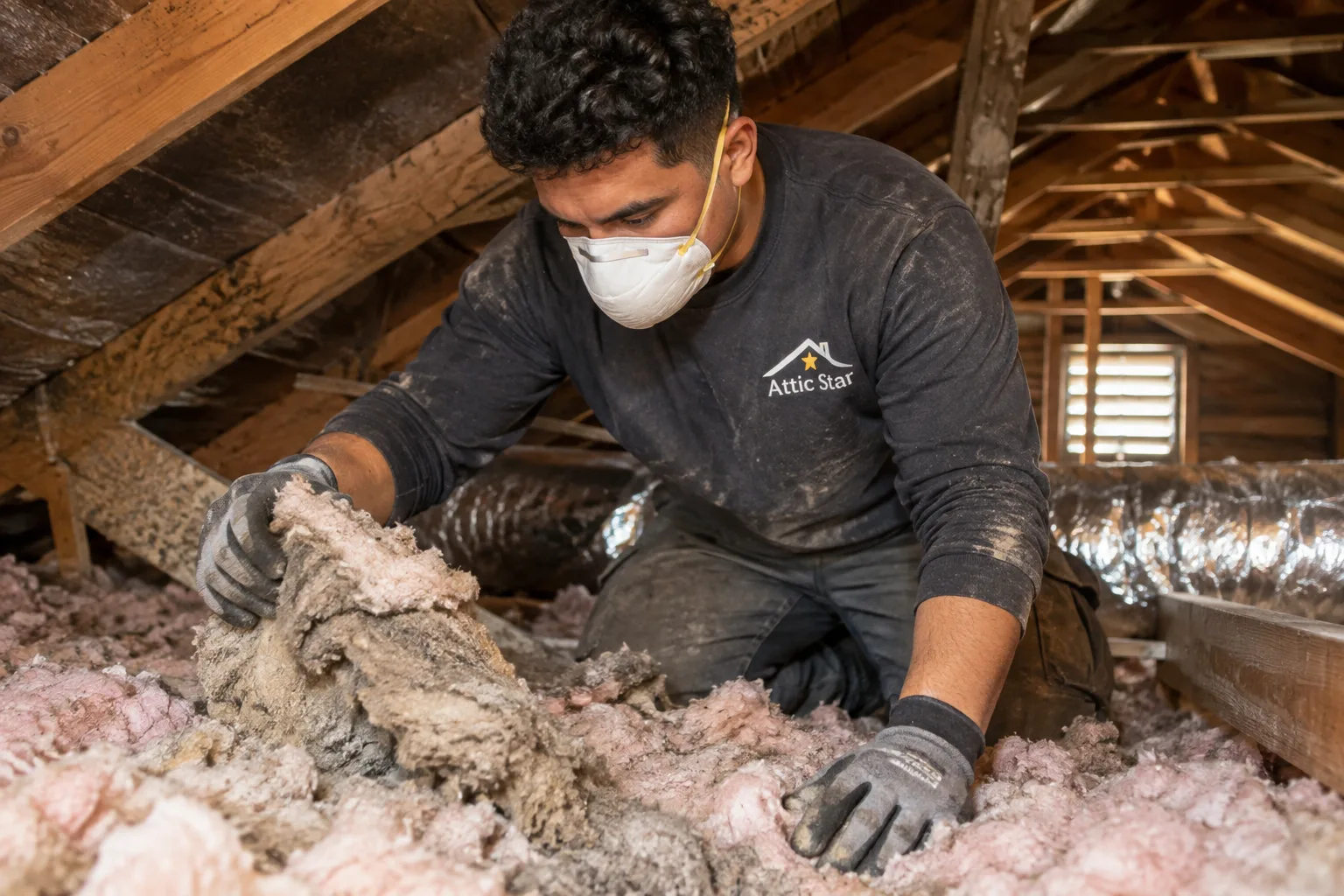 A male technician wearing a dust mask and gloves carefully removes old insulation from an attic in a modest San Leandro home, preparing the space for new insulation installation.