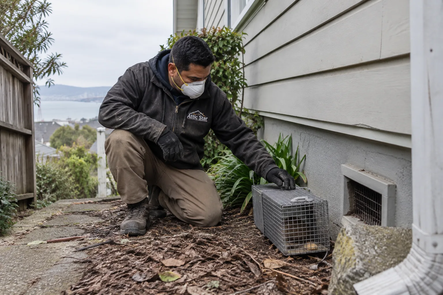 A male technician wearing gloves and a mask inspects a rodent exclusion barrier made of wire mesh in a crawl space of a typical San Jose home.