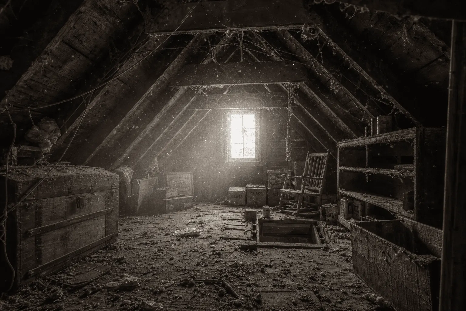 Attic cleaning and reconditioning dust and debris