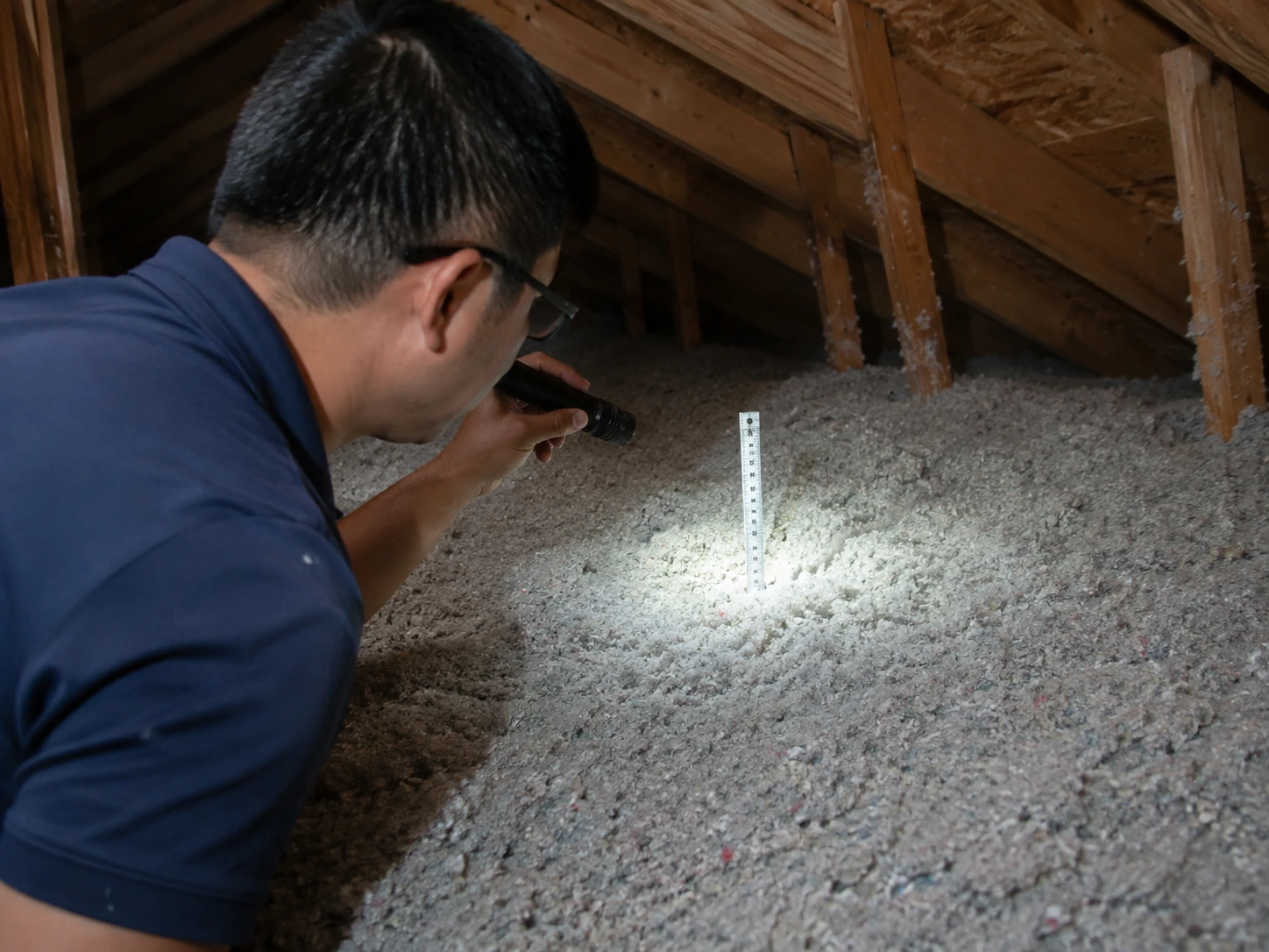 Check Cellulose Insulation Depth with Flashlight
